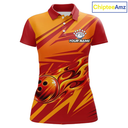 Red Orange Custom Flame Bowling Polo & 1/4 Quarter Zip Shirts For Women, Fire Bowling Team Jersey NBT982