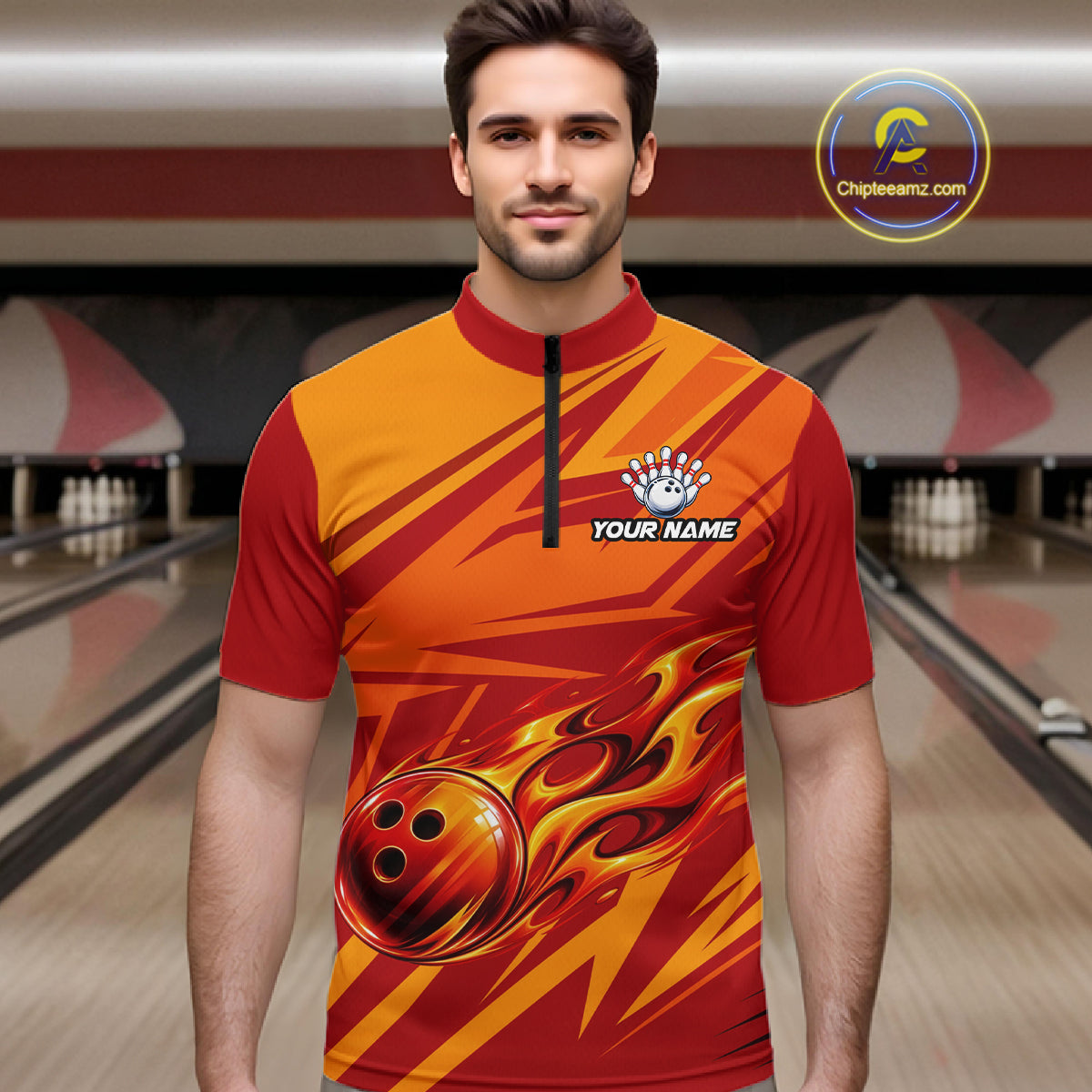 Red Orange Custom Flame Bowling Polo & 1/4 Quarter Zip Shirts For Men, Fire Bowling Team Jersey NBT982