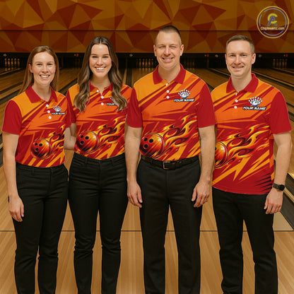 Red Orange Custom Flame Bowling Polo & 1/4 Quarter Zip Shirts For Men, Fire Bowling Team Jersey NBT982