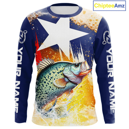 Custom Texas Flag Crappie Fishing Shirts, Funny Fishing Beer Shirts Long Sleeve For Team NBT617