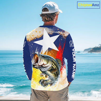 Custom Texas Flag Bass Fishing Shirts, Funny Fishing Beer Shirts Long Sleeve For Team NBT618