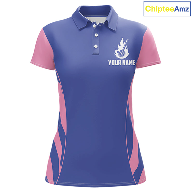 front view of pink and blue animal print womens golf polo