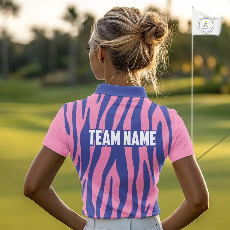 front view of pink and blue animal print womens long sleeve golf polo
