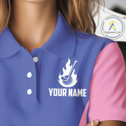 close up pink and blue animal print pattern on womens golf polo