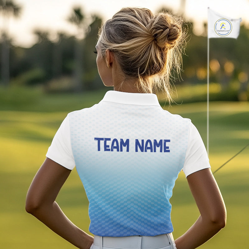Blue White Womens Polo Golf  Shirts Custom Name Golf Shirt For Women, Golf Team Clothes NBT504