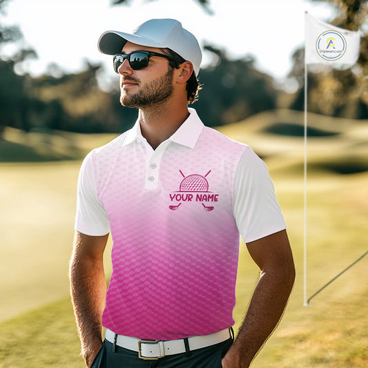 Pink White Mens Polo Golf  Shirts Custom Name Golf Shirt For Men, Golf Team Clothes NBT505