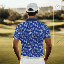 Load image into Gallery viewer, Mens Golf Polo Shirts Custom Name Blue Geometric Floral Pattern, Team Golf Shirt NBT512