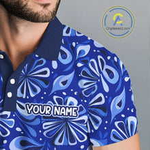 Load image into Gallery viewer, Mens Golf Polo Shirts Custom Name Blue Geometric Floral Pattern, Team Golf Shirt NBT512