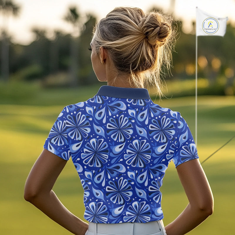 Womens Golf Polo Shirts Custom Name Blue Geometric Floral Pattern, Team Golf Shirt NBT512