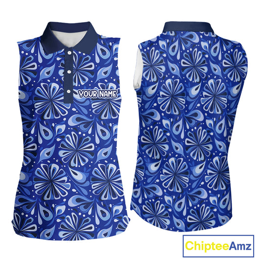 Womens Sleeveless Golf Polo Shirts Custom Name Blue Geometric Floral Pattern, Team Golf Shirt NBT512