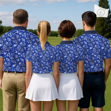 Load image into Gallery viewer, Mens Golf Polo Shirts Custom Name Blue Geometric Floral Pattern, Team Golf Shirt NBT512