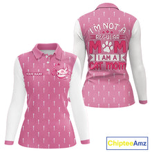 Load image into Gallery viewer, front and back view of long sleeve cat mom funny womens golf polo shirt for mother’s day gifts