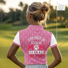 Load image into Gallery viewer, woman wearing funny womens golf polo with “I’m not a regular mom I’m a cat mom” print
