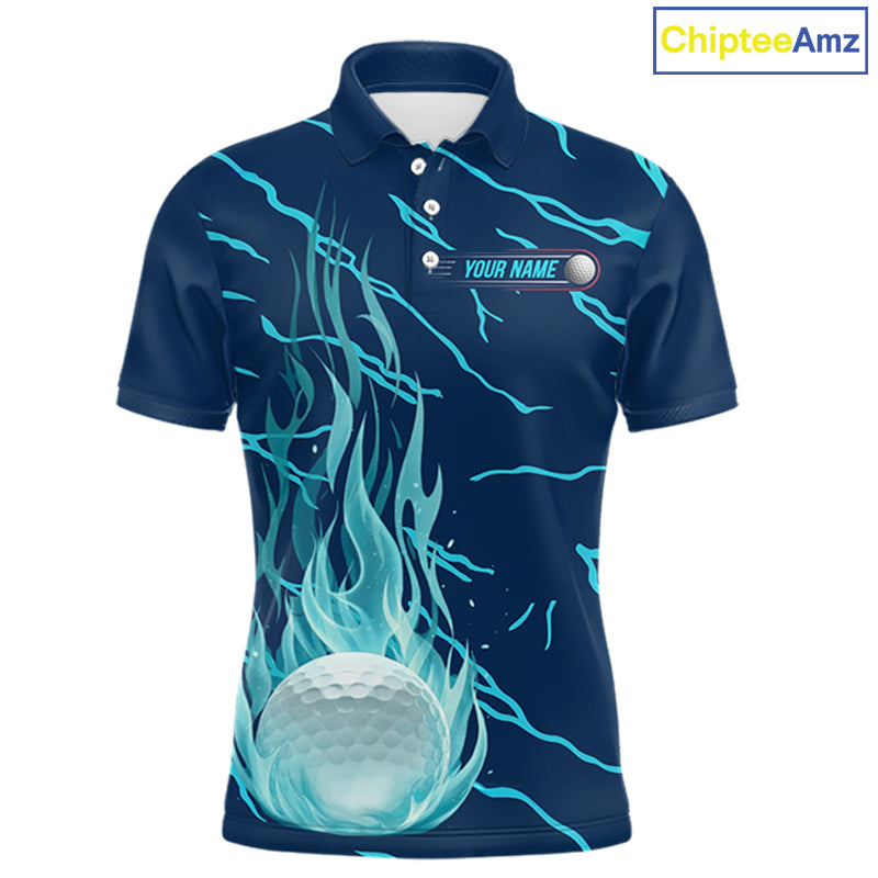Golf balls blue flame pattern mens golf polo shirt - front view