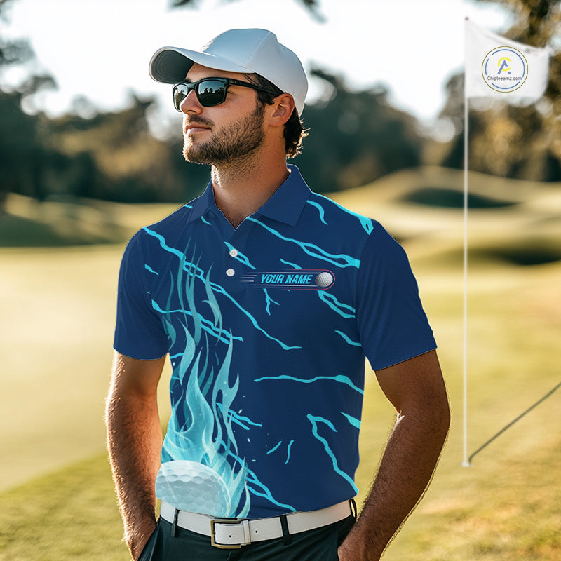 Blue flame golf balls pattern on mens golf polo shirt