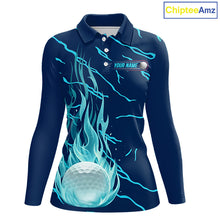 Load image into Gallery viewer, front view of long sleeve green flame golf balls womens golf polo shirt for ladies