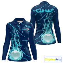 Load image into Gallery viewer, front and back view of long sleeve green flame golf balls womens golf polo shirt for ladies