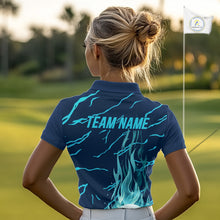 Load image into Gallery viewer, woman golfer in green flame womens golf polo with team name for golf lover