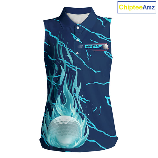 front view of green flame golf balls womens sleeveless golf polo shirt for ladies
