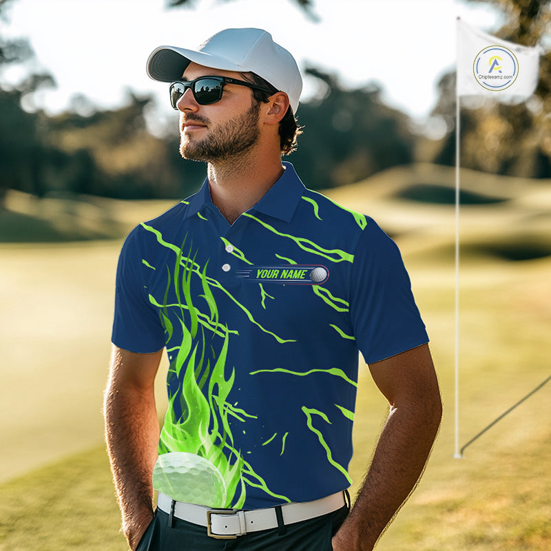 Green flame golf balls pattern on mens golf polo shirt