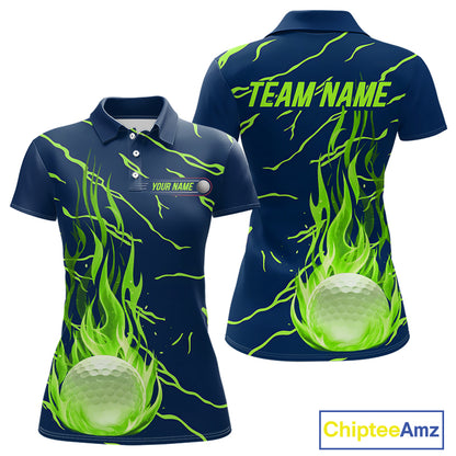 back view of green flame pattern womens golf polo matching golf outfit