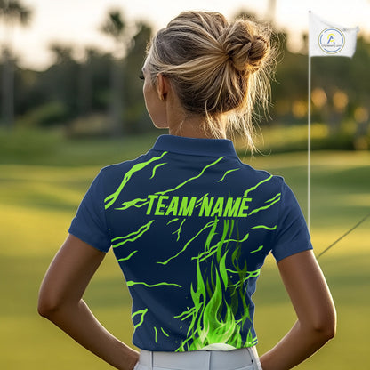 woman golfer in green flame womens golf polo with team name for golf lover