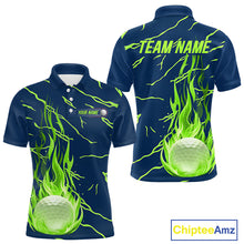 Load image into Gallery viewer, Golf balls green flame pattern mens golf polo shirt - back view