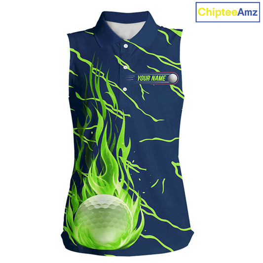 front view of green flame golf balls womens sleeveless golf polo shirt for ladies