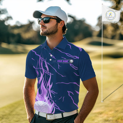 Purple flame golf balls pattern on mens golf polo shirt