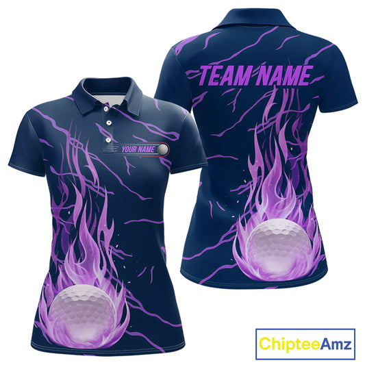 back view of purple flame pattern womens golf polo matching golf outfit