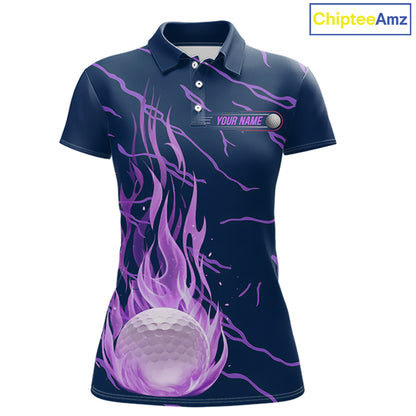 front view of purple flame golf balls womens golf polo shirt for ladies