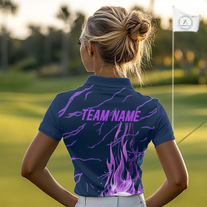 woman golfer in purple flame womens golf polo with team name for golf lover