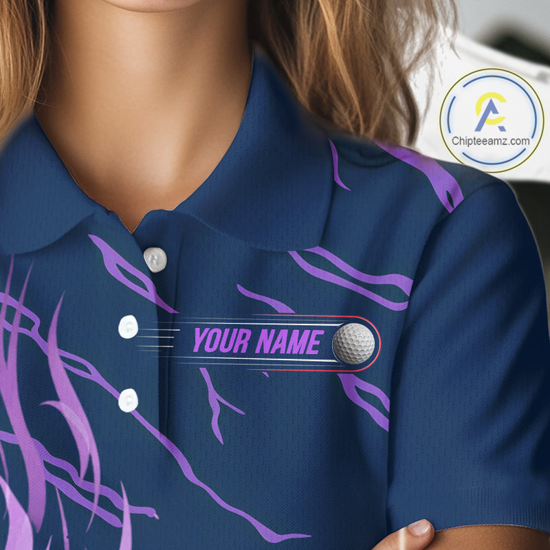 close up of purple flame golf balls print on womens golf polo shirt