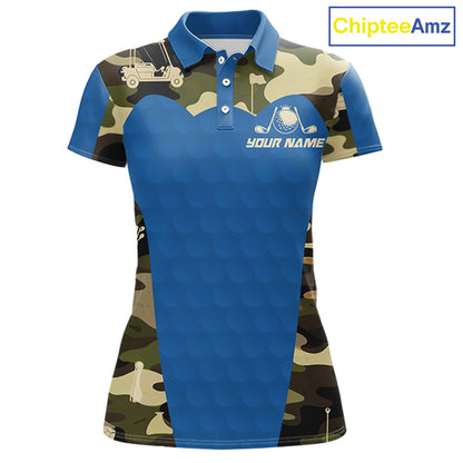 Blue Camo Womens Golf Polo Shirts Custom Golf Outfit For Ladies, Team Golf Shirts NBT632
