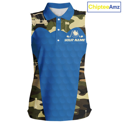 Blue Camo Womens Sleeveless Golf Polo Shirts Custom Golf Outfit For Ladies, Team Golf Shirts NBT632