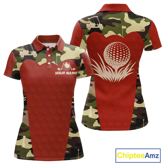 Red Camo Womens Golf Polo Shirts Custom Golf Outfit For Ladies, Team Golf Shirts NBT633