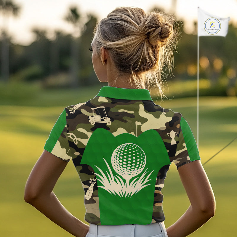Green Camo Womens Golf Polo Shirts Custom Golf Outfit For Ladies, Team Golf Shirts NBT634