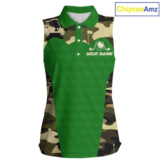 Green Camo Womens Sleeveless Golf Polo Shirts Custom Golf Outfit For Ladies, Team Golf Shirts NBT634