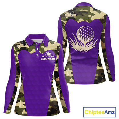 Purple Camo Womens Golf Polo Shirts Custom Golf Outfit For Ladies, Team Golf Shirts NBT635