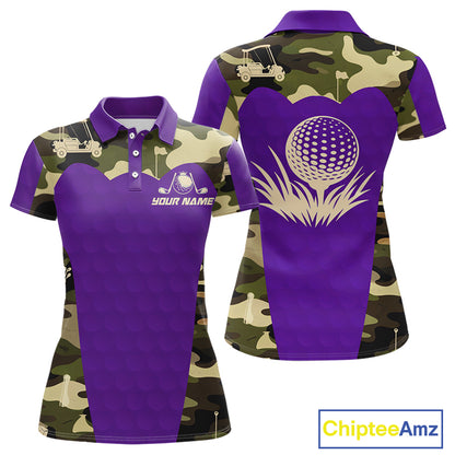 Purple Camo Womens Golf Polo Shirts Custom Golf Outfit For Ladies, Team Golf Shirts NBT635