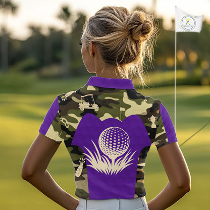 Purple Camo Womens Golf Polo Shirts Custom Golf Outfit For Ladies, Team Golf Shirts NBT635