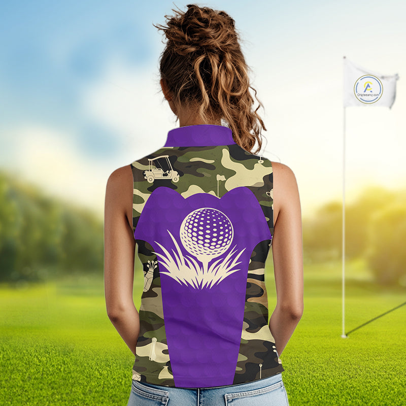 Purple Camo Womens Sleeveless Golf Polo Shirts Custom Golf Outfit For Ladies, Team Golf Shirts NBT635
