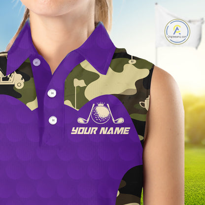 Purple Camo Womens Sleeveless Golf Polo Shirts Custom Golf Outfit For Ladies, Team Golf Shirts NBT635