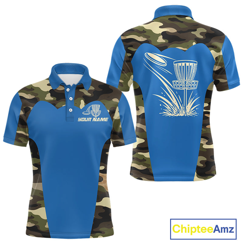Mens Disc Golf Polo Shirt Custom Name Camo Disc Golf Basket, Personalized Disc Golf Shirts|Blue NBT640