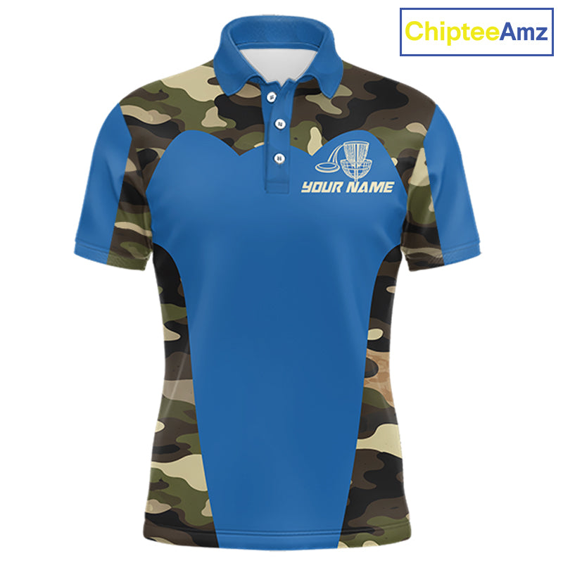Mens Disc Golf Polo Shirt Custom Name Camo Disc Golf Basket, Personalized Disc Golf Shirts|Blue NBT640