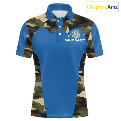 Mens Disc Golf Polo Shirt Custom Name Camo Disc Golf Basket, Personalized Disc Golf Shirts|Blue NBT640