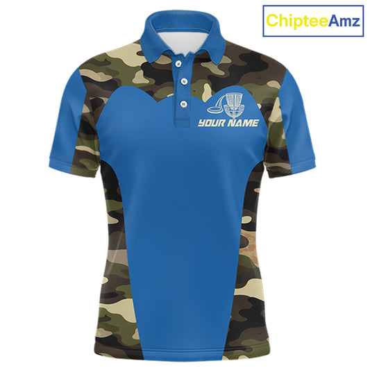 Mens Disc Golf Polo Shirt Custom Name Camo Disc Golf Basket, Personalized Disc Golf Shirts|Blue NBT640