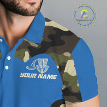 Load image into Gallery viewer, Mens Disc Golf Polo Shirt Custom Name Camo Disc Golf Basket, Personalized Disc Golf Shirts|Blue NBT640