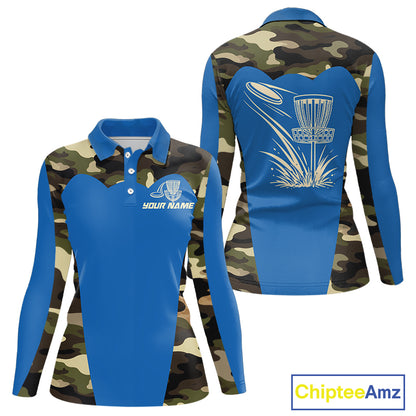 Womens Disc Golf Polo Shirt Custom Name Camo Disc Golf Basket, Personalized Disc Golf Shirts|Blue NBT640