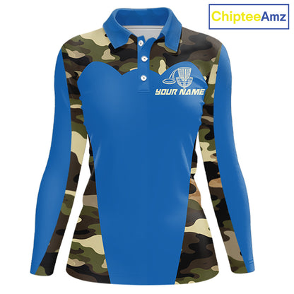 Womens Disc Golf Polo Shirt Custom Name Camo Disc Golf Basket, Personalized Disc Golf Shirts|Blue NBT640